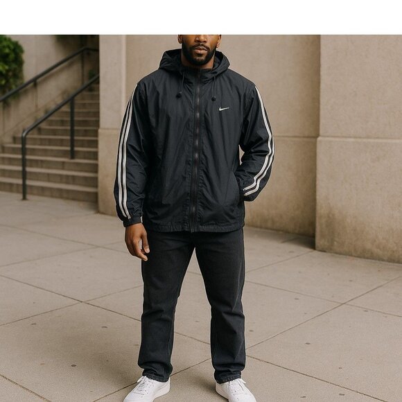 Nike Mens Hooded Windbreaker Jacket Black With White Stripes Size L - Picture 1 of 7